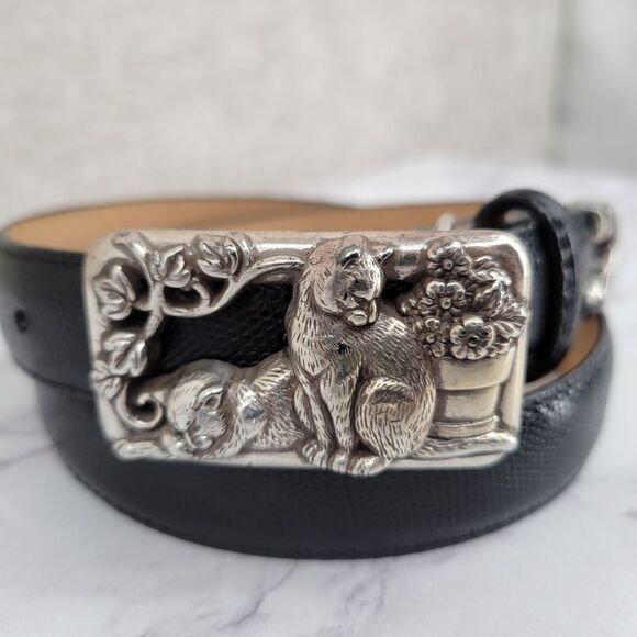 Brighton Vintage 90s Black Leather with Silver Toned Cat Filigree Buckle - Picture 3 of 14